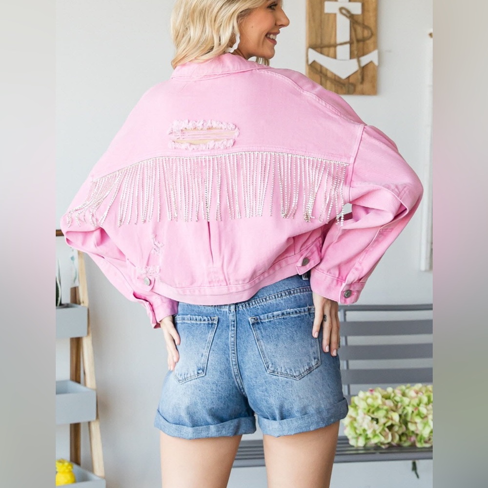 Vervet Bling Fringe Crop Pink Denim Jacket